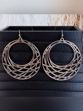 Vintage weighted, large Silvertone hoop, cut out dangle pierced earrings